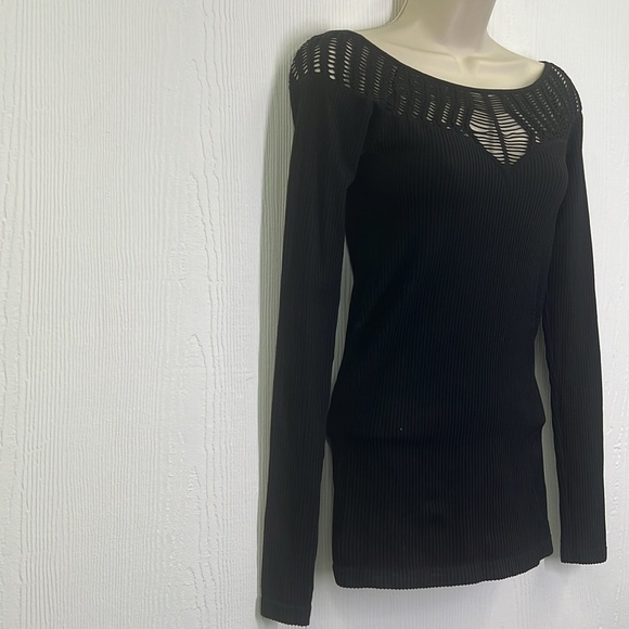 Free People - Black Ribbed Form Fit Cutout Long Sleeve Top Size Medium/ Large - Picture 4 of 10